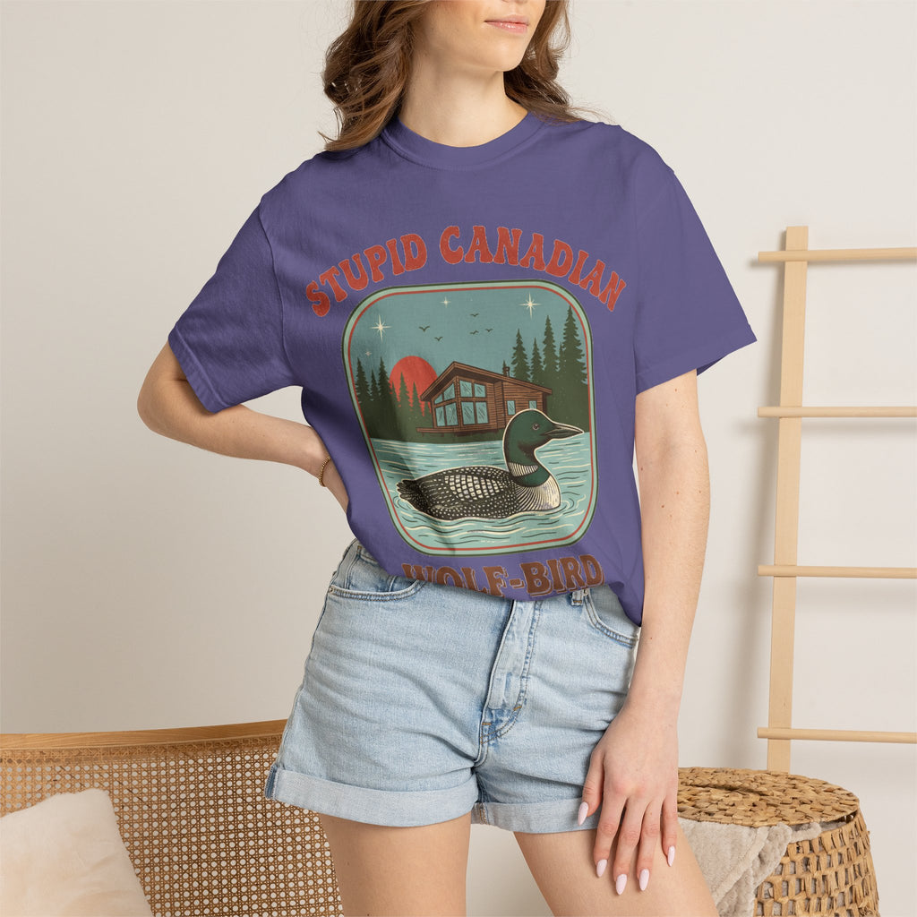 Stupid Canadian Wolf-Bird Arched Shirt, Retro Loon Sunset Badge Tee, Funny Lake Shirt, Cabin Gift