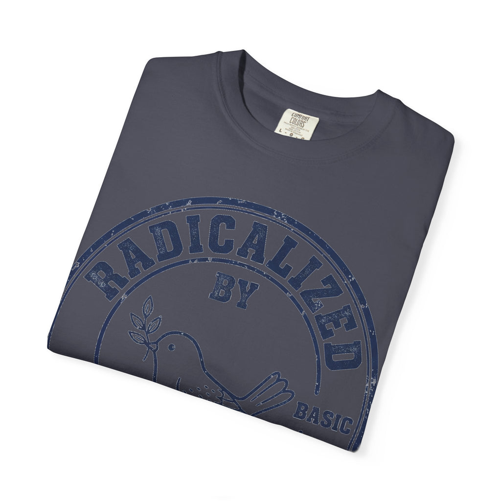 Radicalized By Basic Decency Navy Stamp Shirt, Line Art Dove Badge Tee, Kindness Protest Shirt, Activist Gift
