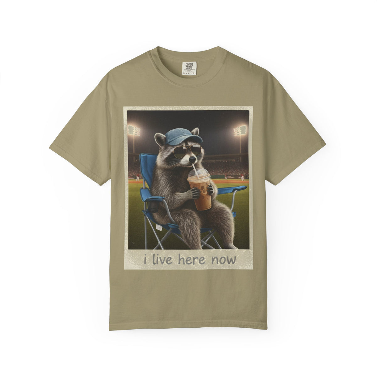 Baseball Raccoon Shirt, I Live Here Now Tee, Funny Ballpark Iced Coffee Shirt, Baseball Mom Gift