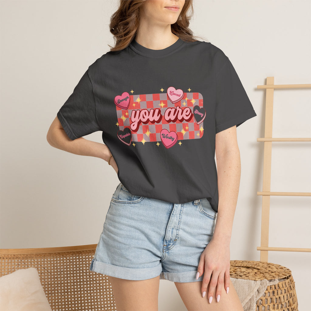 You Are Enough Loved Worthy Shirt, Conversation Heart Checkerboard Tee, Affirmation Valentine Shirt, Gift For Her