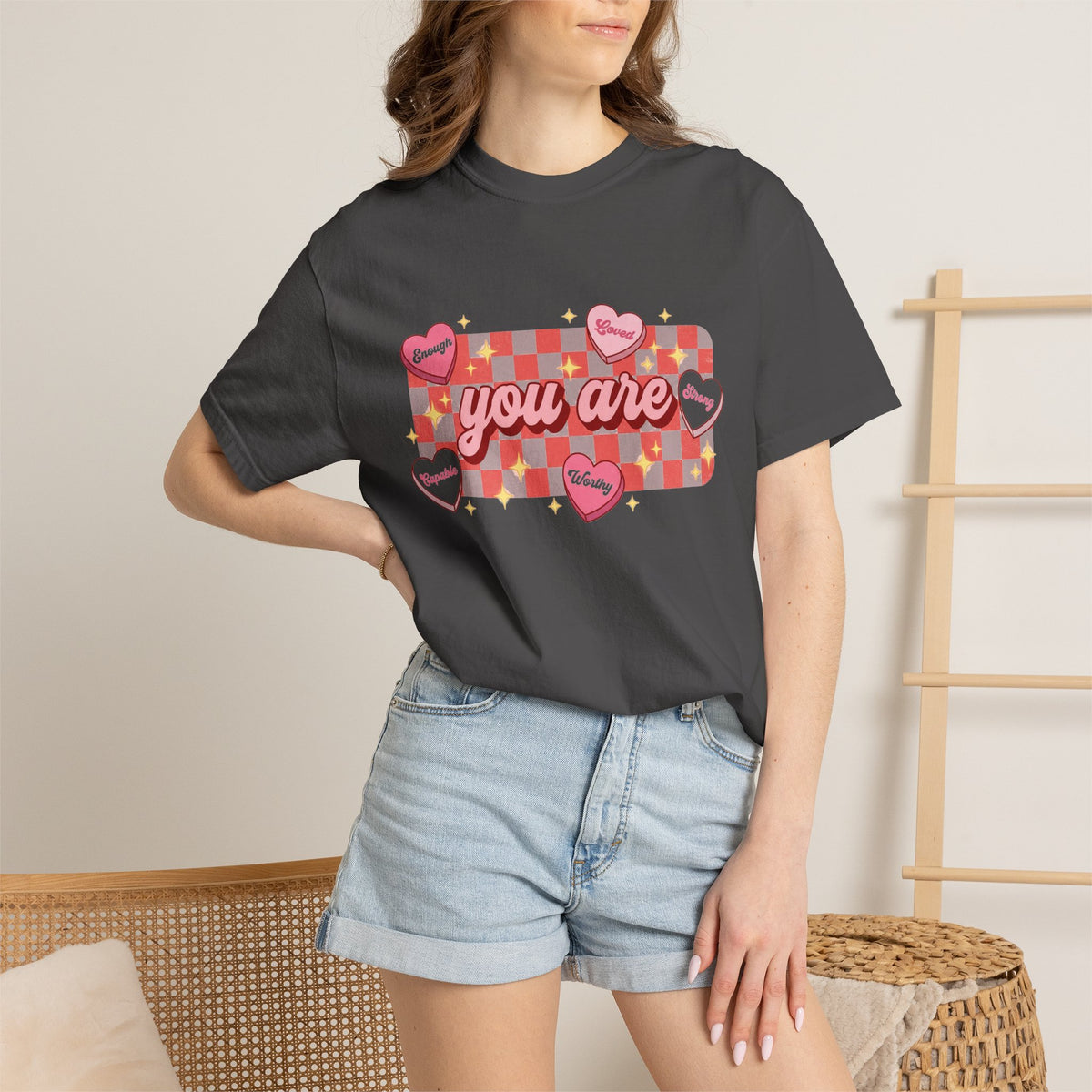 You Are Enough Loved Worthy Shirt, Conversation Heart Checkerboard Tee, Affirmation Valentine Shirt, Gift For Her