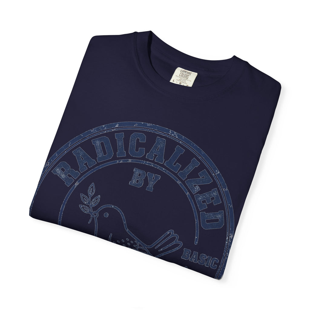 Radicalized By Basic Decency Navy Stamp Shirt, Line Art Dove Badge Tee, Kindness Protest Shirt, Activist Gift