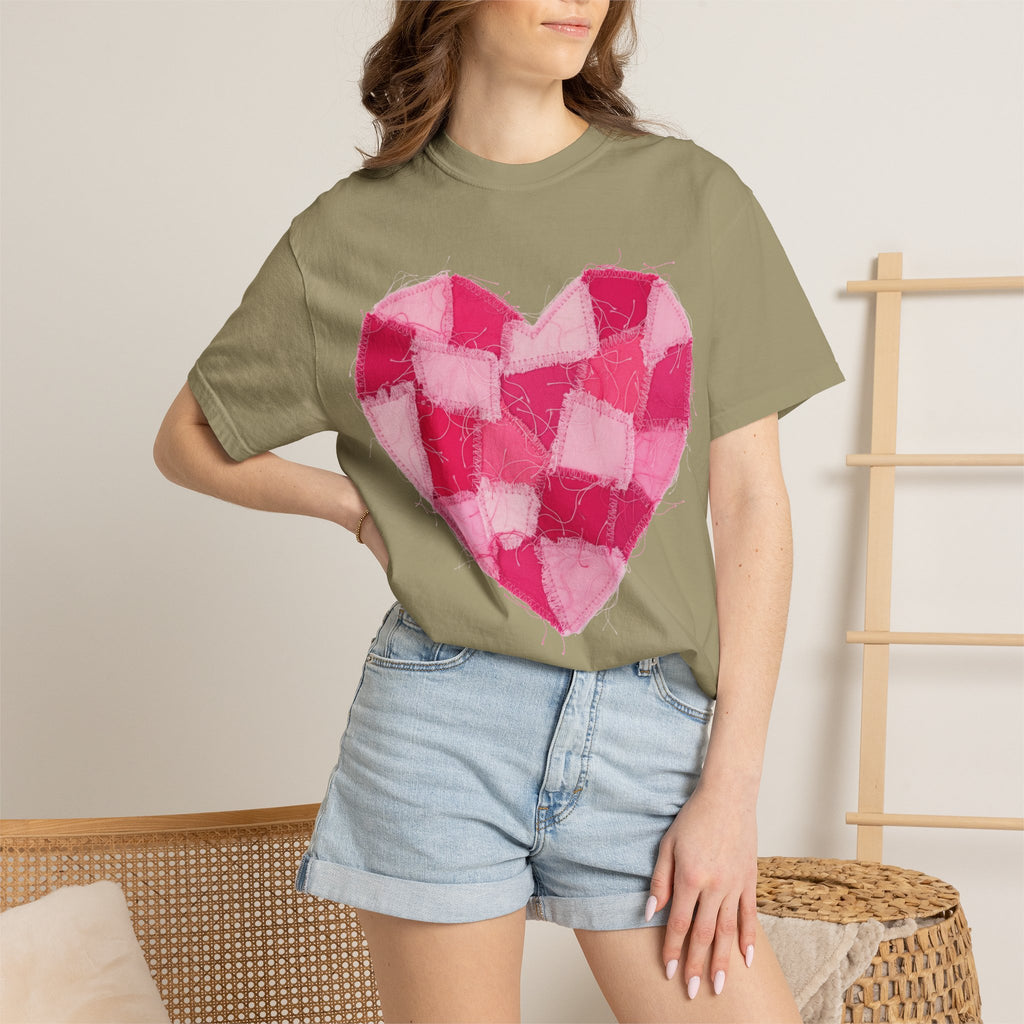 Hot Pink Patchwork Heart Shirt, Checkered Quilt Heart Tee, Frayed Applique Valentine Shirt, Gift For Her