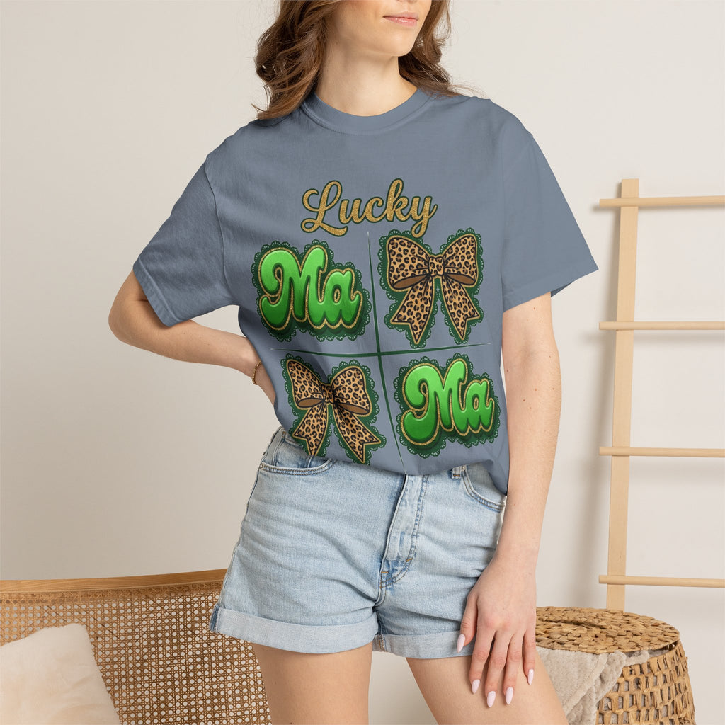 Lucky Mama Shirt, St Patricks Day Leopard Bow Tee, Green Glitter Mama Shirt, Irish Mom Gift