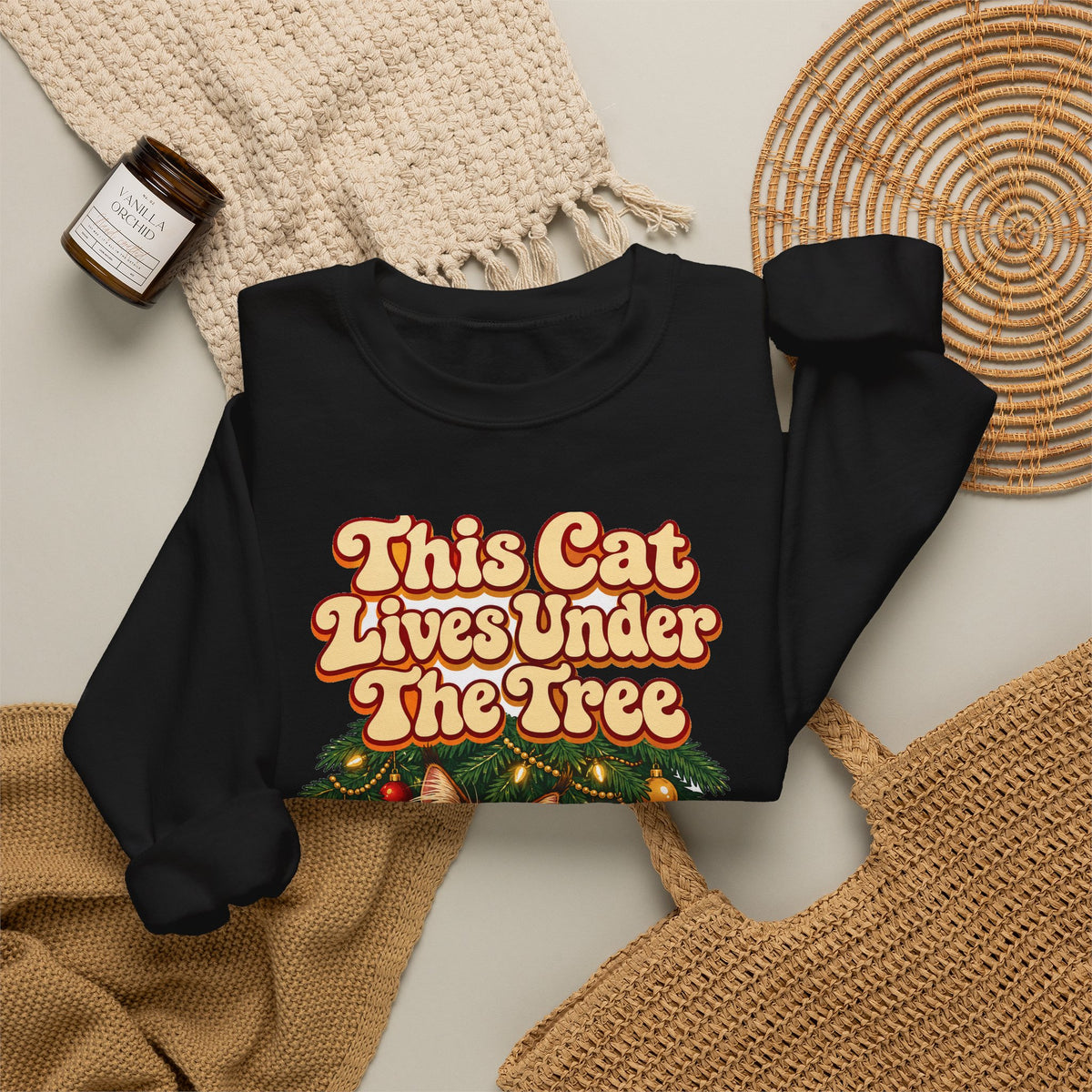Funny Christmas Cat Sweatshirt This Cat Lives Under The Tree Shirt, Funny Holiday Gift Tee, Christmas Gift Idea