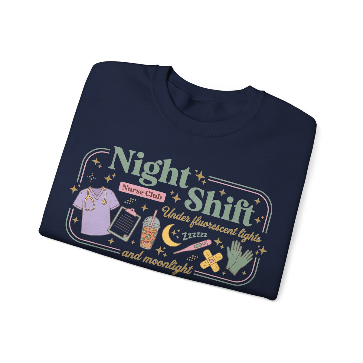 Night Shift Nurse Club Sweatshirt, Under Fluorescent Lights And Moonlight Sweatshirt, Retro Nurse Gift, Night Nurse Scrubs Doodle Sweatshirt