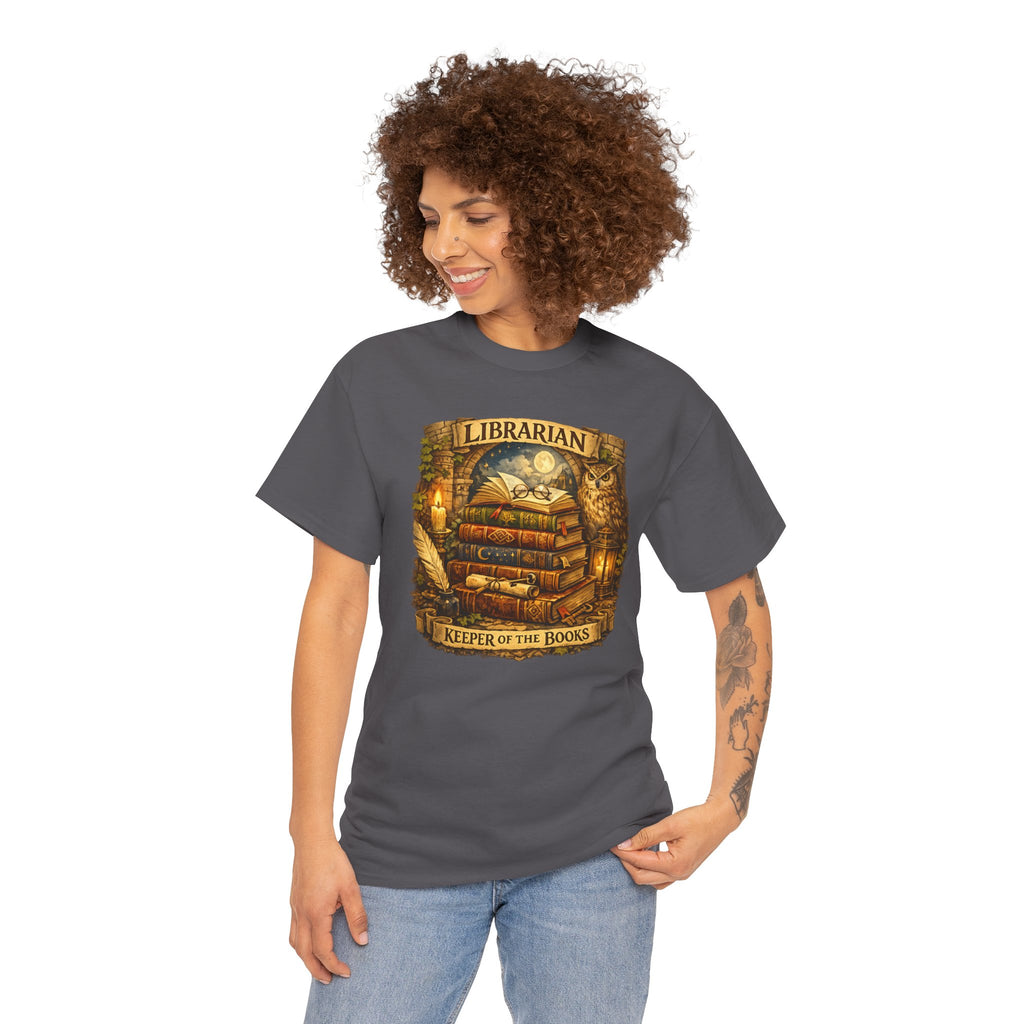 Librarian 'Keeper of the Books' T-Shirt — Vintage Bookstack & Owl Graphic