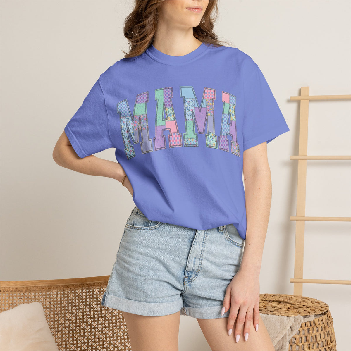Mama Arched Patchwork Shirt, Pastel Quilt Letter Tee, Cottagecore Mom Shirt, Mothers Day Gift