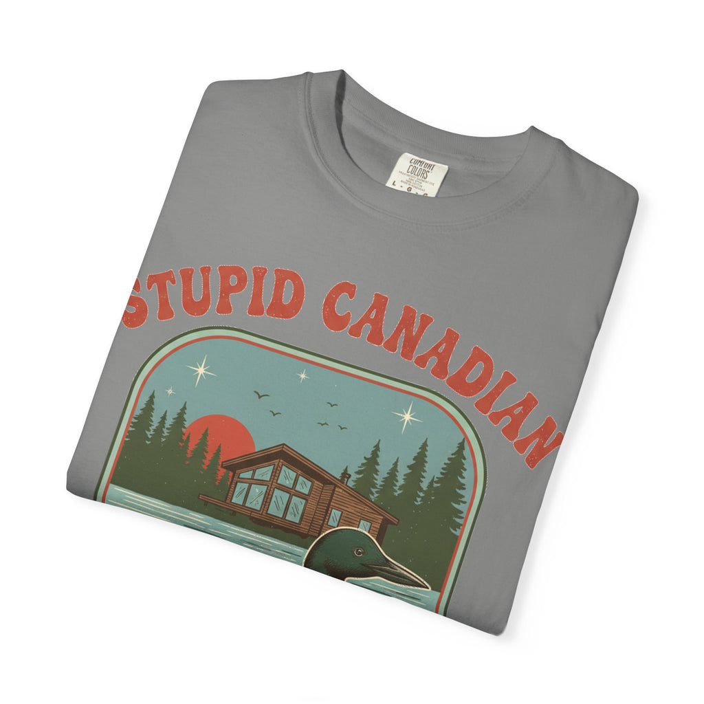 Stupid Canadian Wolf-Bird Arched Shirt, Retro Loon Sunset Badge Tee, Funny Lake Shirt, Cabin Gift
