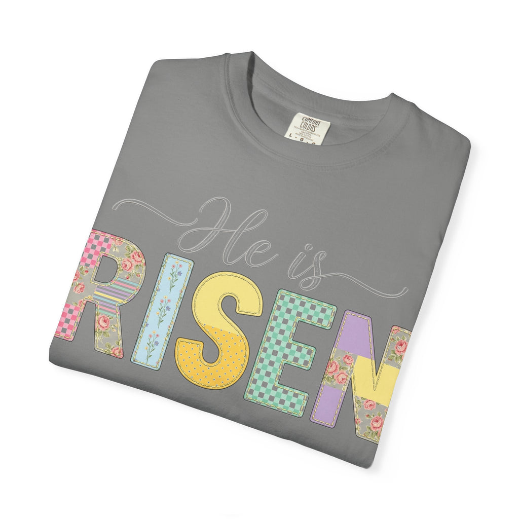 He Is Risen Floral Applique Shirt, Rose Gingham Easter Tee, Christian Patchwork Shirt, Easter Gift