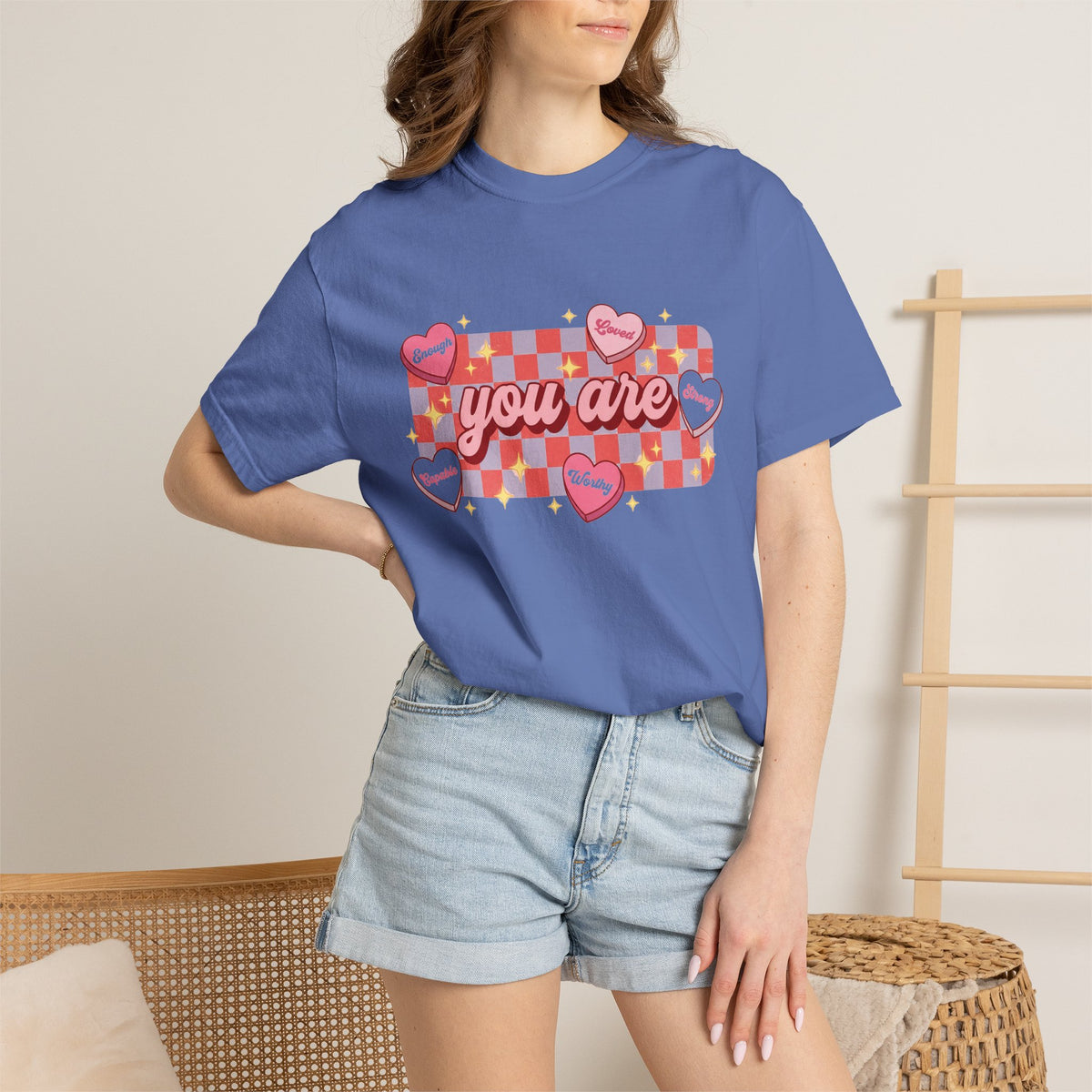 You Are Enough Loved Worthy Shirt, Conversation Heart Checkerboard Tee, Affirmation Valentine Shirt, Gift For Her