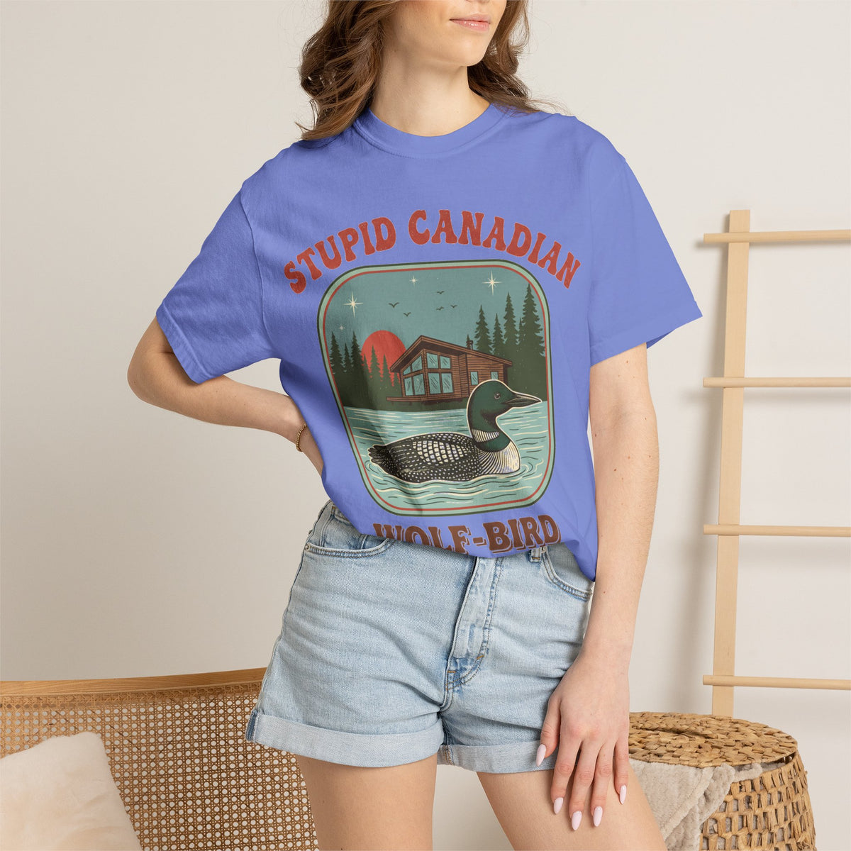 Stupid Canadian Wolf-Bird Arched Shirt, Retro Loon Sunset Badge Tee, Funny Lake Shirt, Cabin Gift