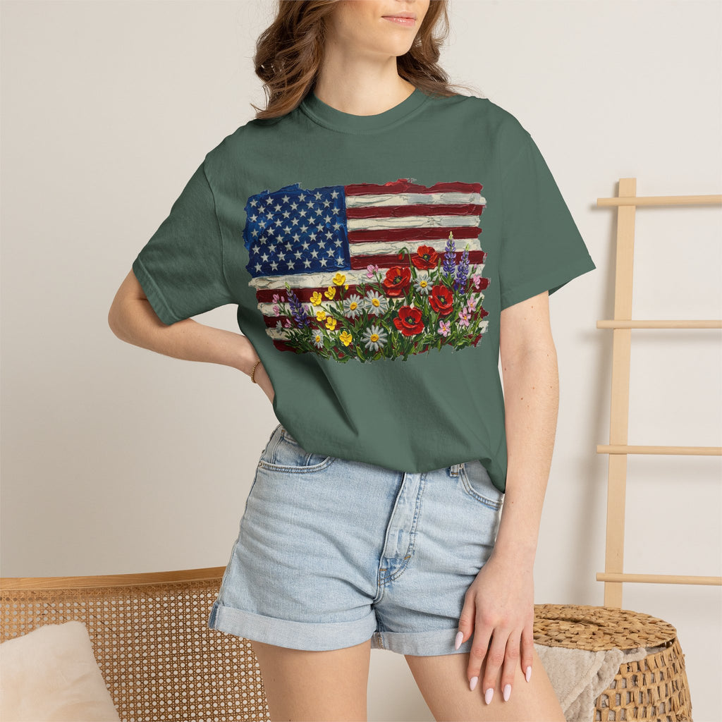 Painted Flag Wildflower Meadow Shirt, Impasto Americana Floral Tee, Patriotic Shirt, Independence Day Gift