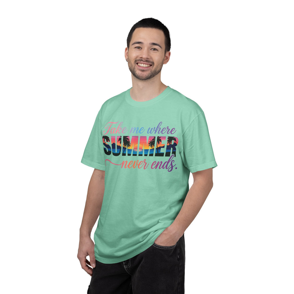 Take Me Where Summer Never Ends Shirt, Sunset Palm Tree Tee, Beach Vacation Shirt, Summer Gift