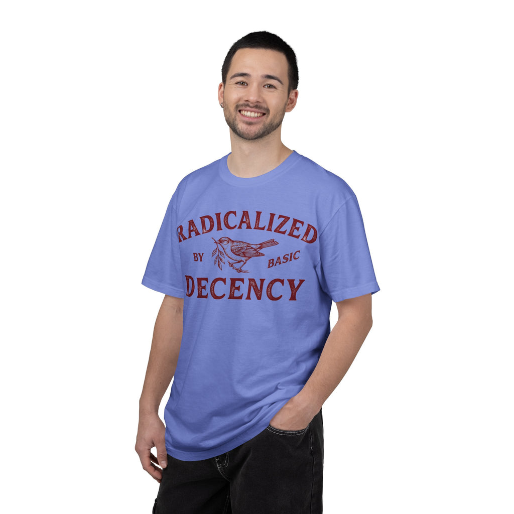 Radicalized By Basic Decency Bold Shirt, Engraved Bird Typography Tee, Kindness Statement Shirt, Protest Gift