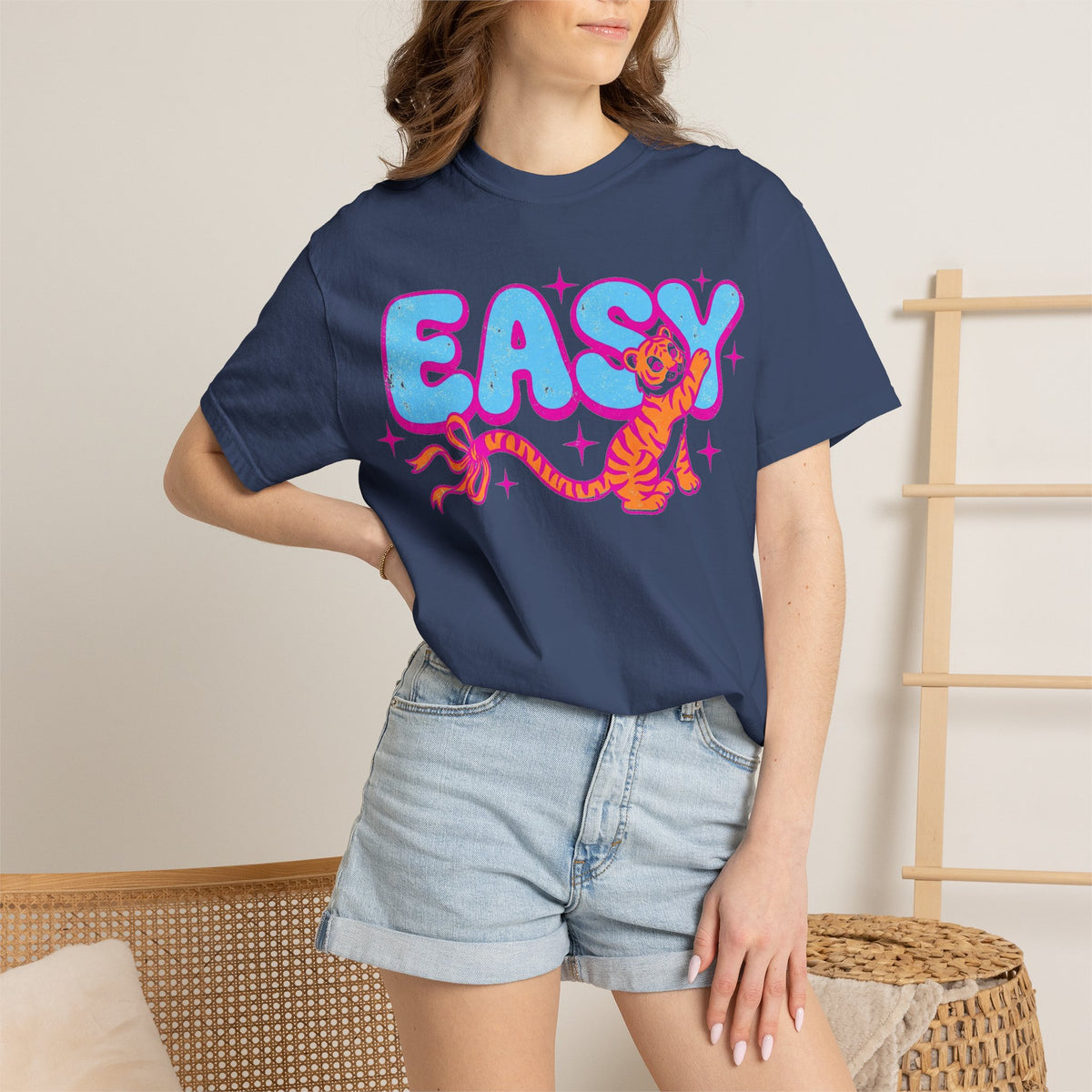 Easy Tiger Bow Shirt, Y2K Cub Bubble Type Tee, Retro Pink Blue Tiger Shirt, Trendy Gift