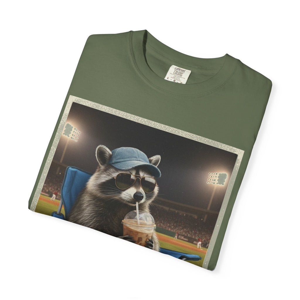 Baseball Raccoon Shirt, I Live Here Now Tee, Funny Ballpark Iced Coffee Shirt, Baseball Mom Gift