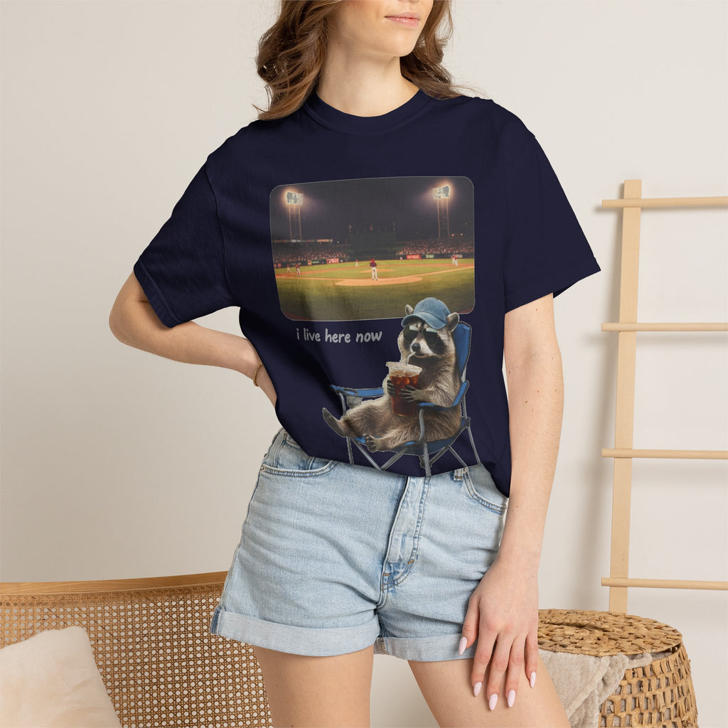 I Live Here Now Ballpark Raccoon Shirt, Funny Baseball Parent Tee, Camp Chair Raccoon Shirt, Sports Mom Gift