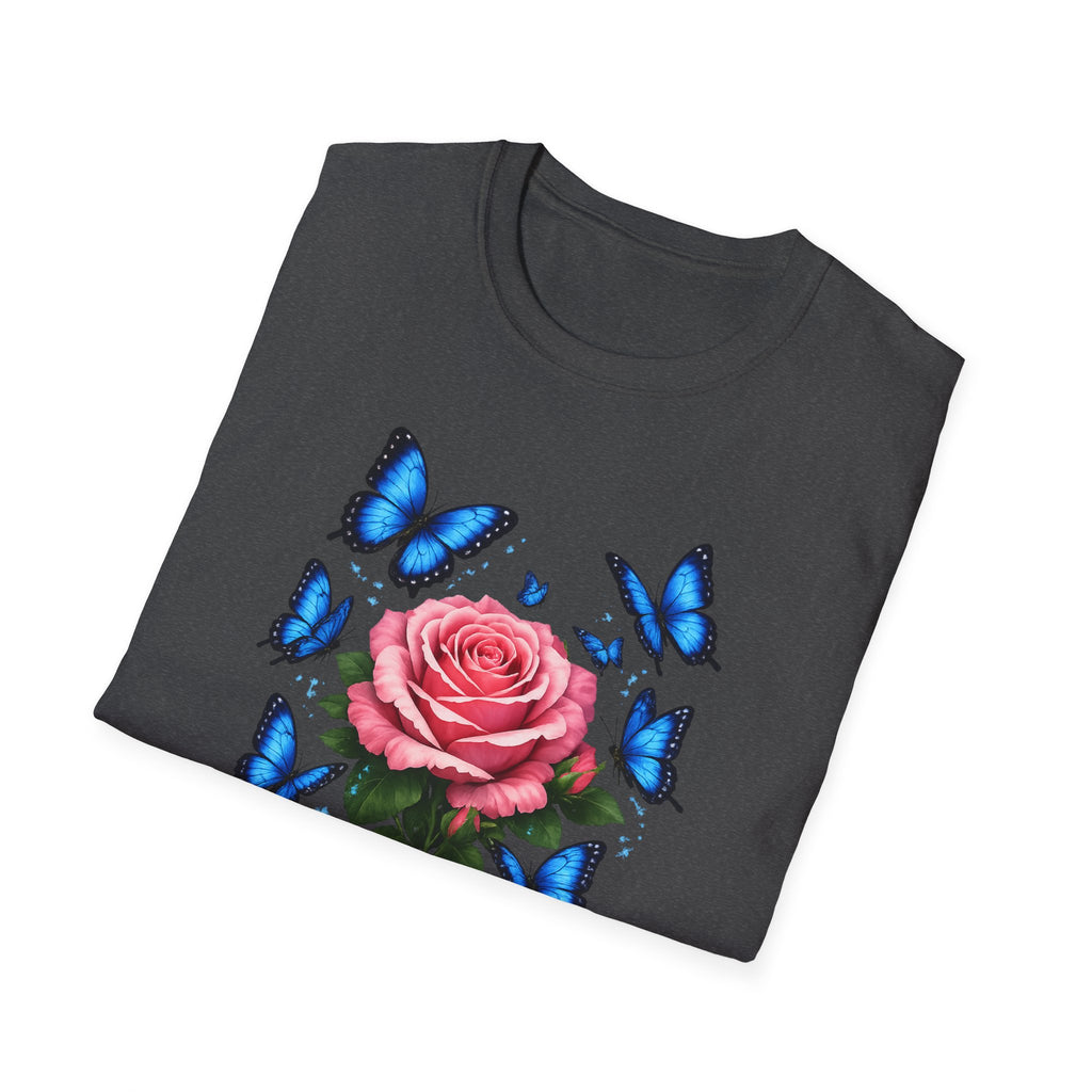 Rose and Blue Butterflies T-Shirt — Floral Garden Tee for Spring & Gifts