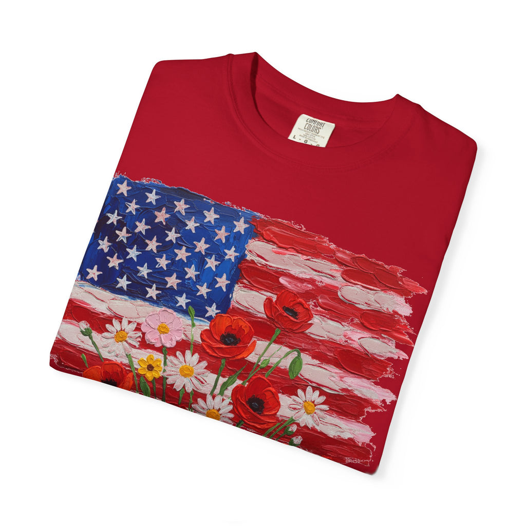 American Flag Poppy Bouquet Shirt, Impasto Patriotic Floral Tee, Memorial Day Shirt, Veterans Gift