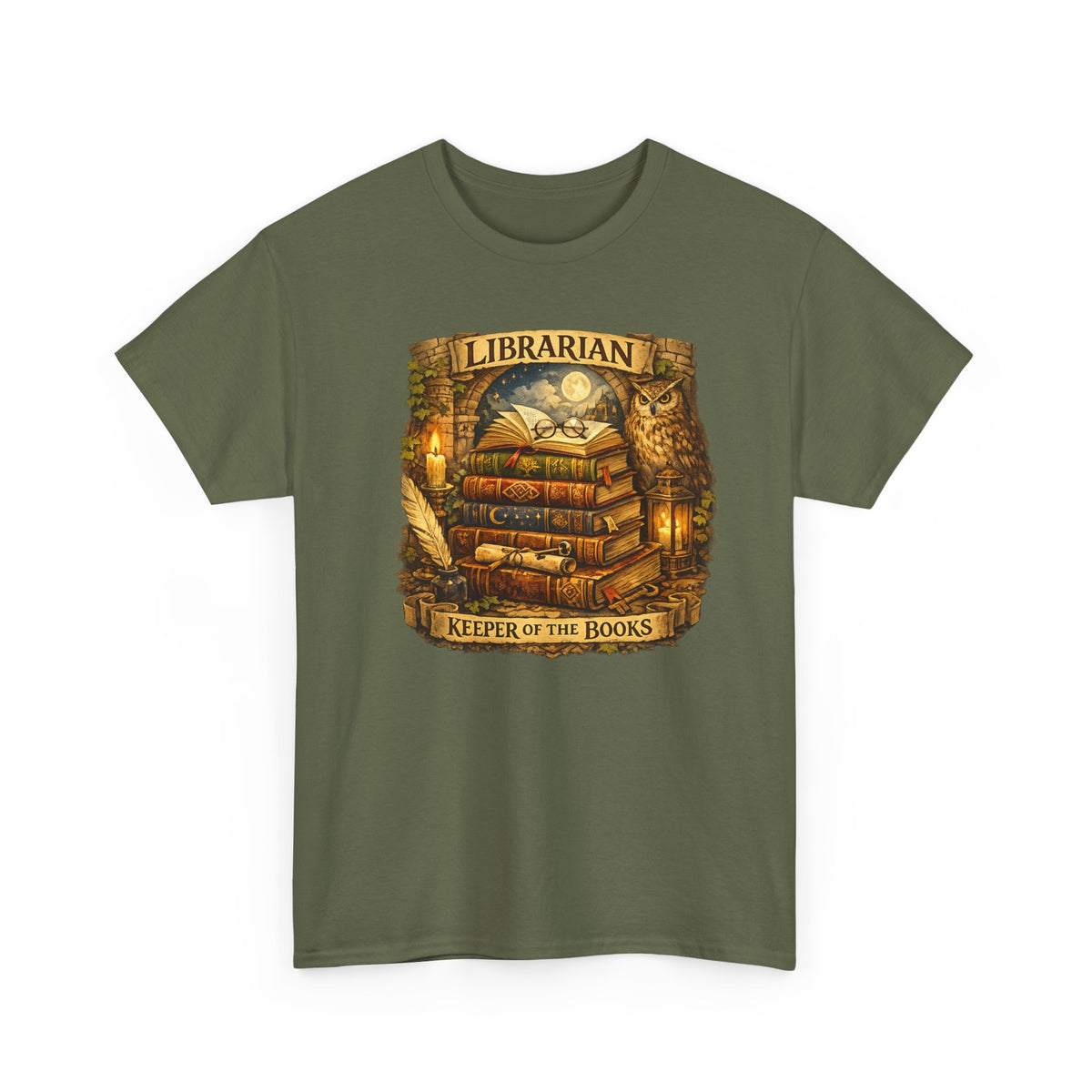 Librarian 'Keeper of the Books' T-Shirt — Vintage Bookstack & Owl Graphic