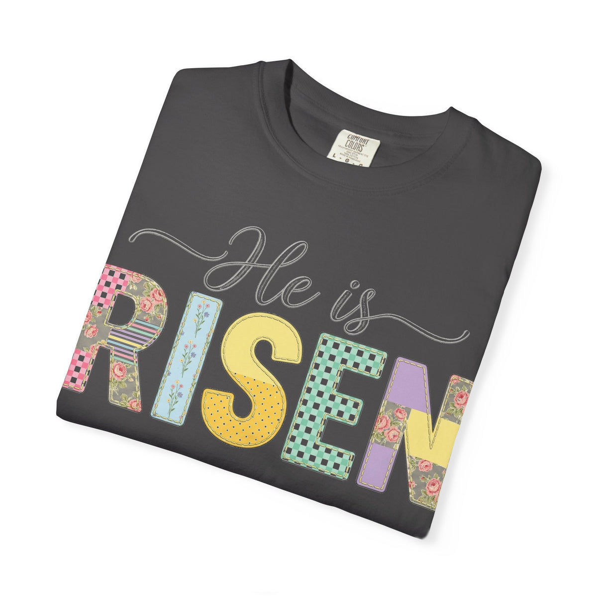 He Is Risen Floral Applique Shirt, Rose Gingham Easter Tee, Christian Patchwork Shirt, Easter Gift