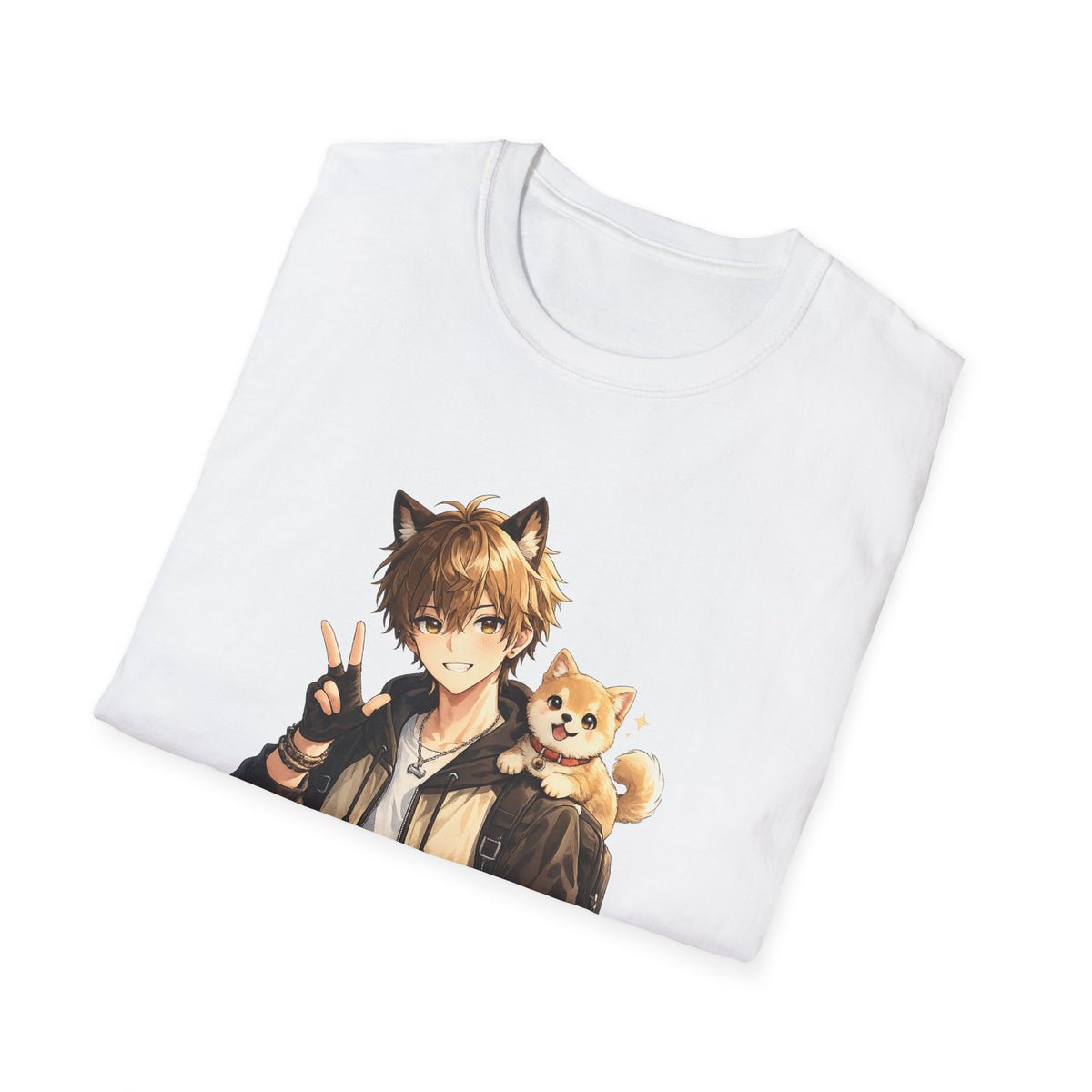 Anime Boy with Shiba Inu T-Shirt — Cute Kawaii Cat-Eared Character Tee