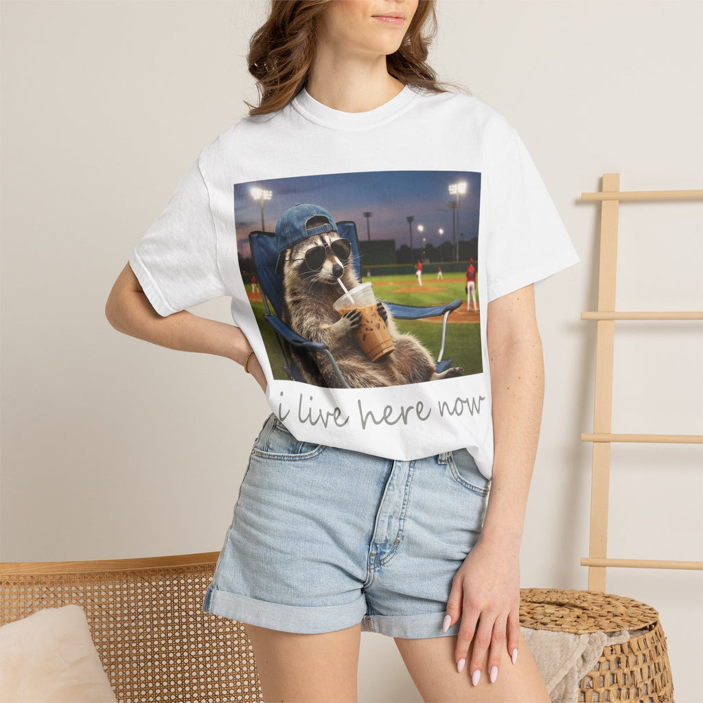 I Live Here Now Baseball Raccoon Shirt, Funny Sports Parent Tee, Iced Coffee Raccoon Shirt, Baseball Mom Gift