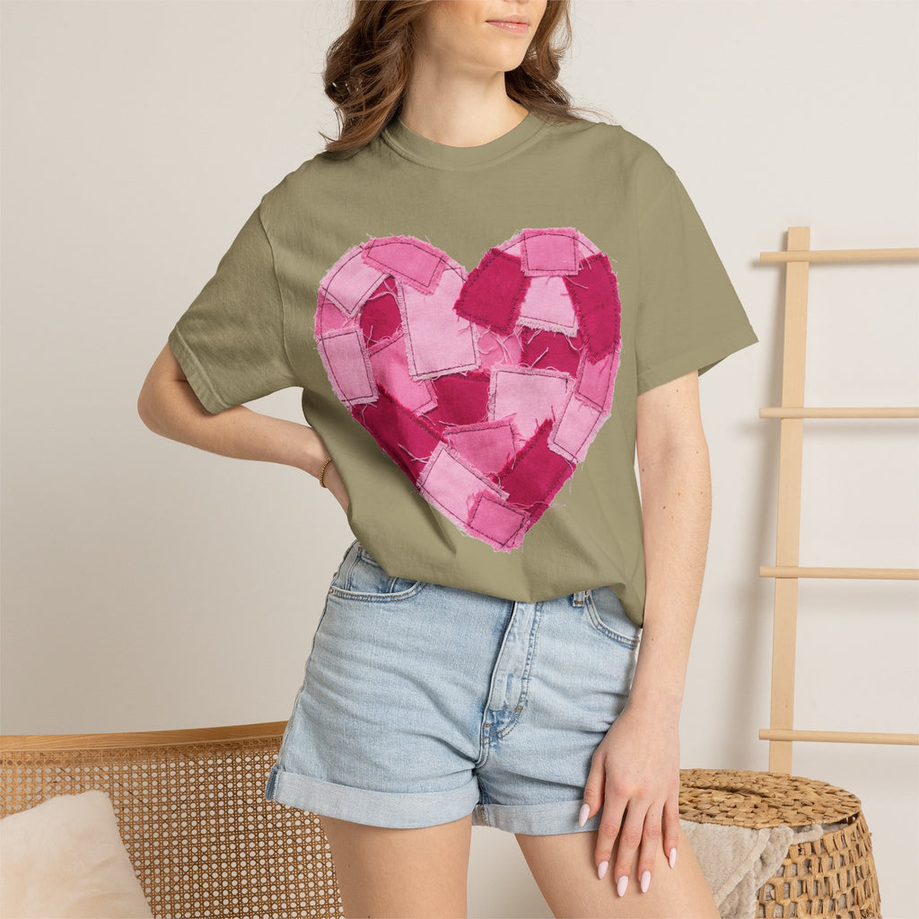 Patchwork Heart Shirt, Frayed Pink Quilt Heart Tee, Shabby Chic Valentine Shirt, Cozy Gift