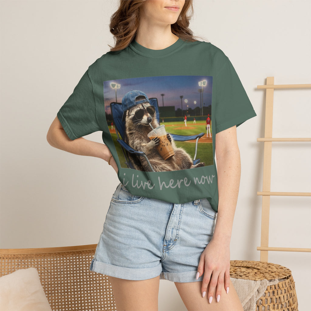 I Live Here Now Baseball Raccoon Shirt, Funny Sports Parent Tee, Iced Coffee Raccoon Shirt, Baseball Mom Gift