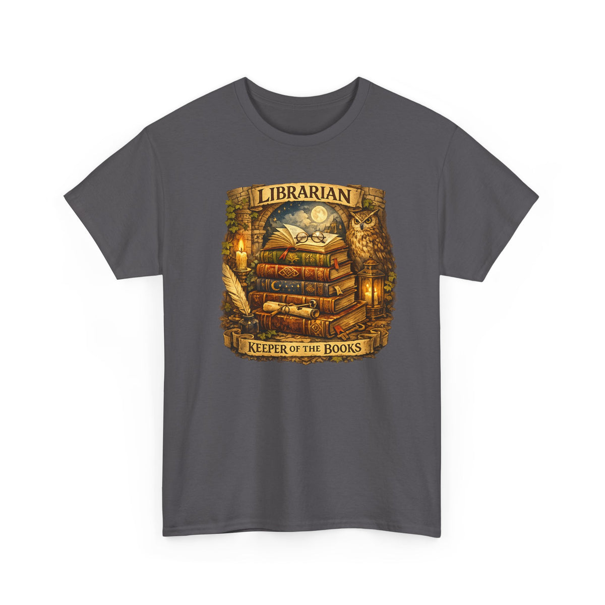 Librarian 'Keeper of the Books' T-Shirt — Vintage Bookstack & Owl Graphic