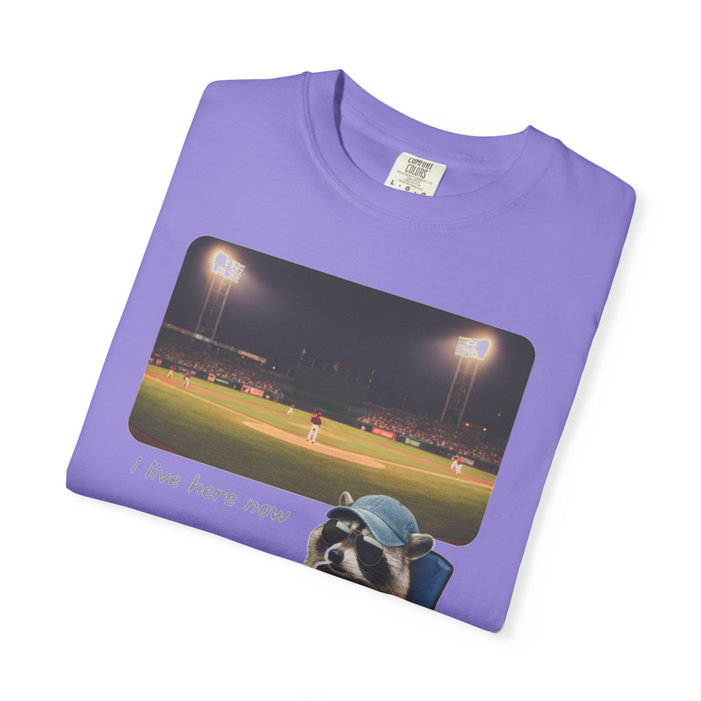 I Live Here Now Ballpark Raccoon Shirt, Funny Baseball Parent Tee, Camp Chair Raccoon Shirt, Sports Mom Gift