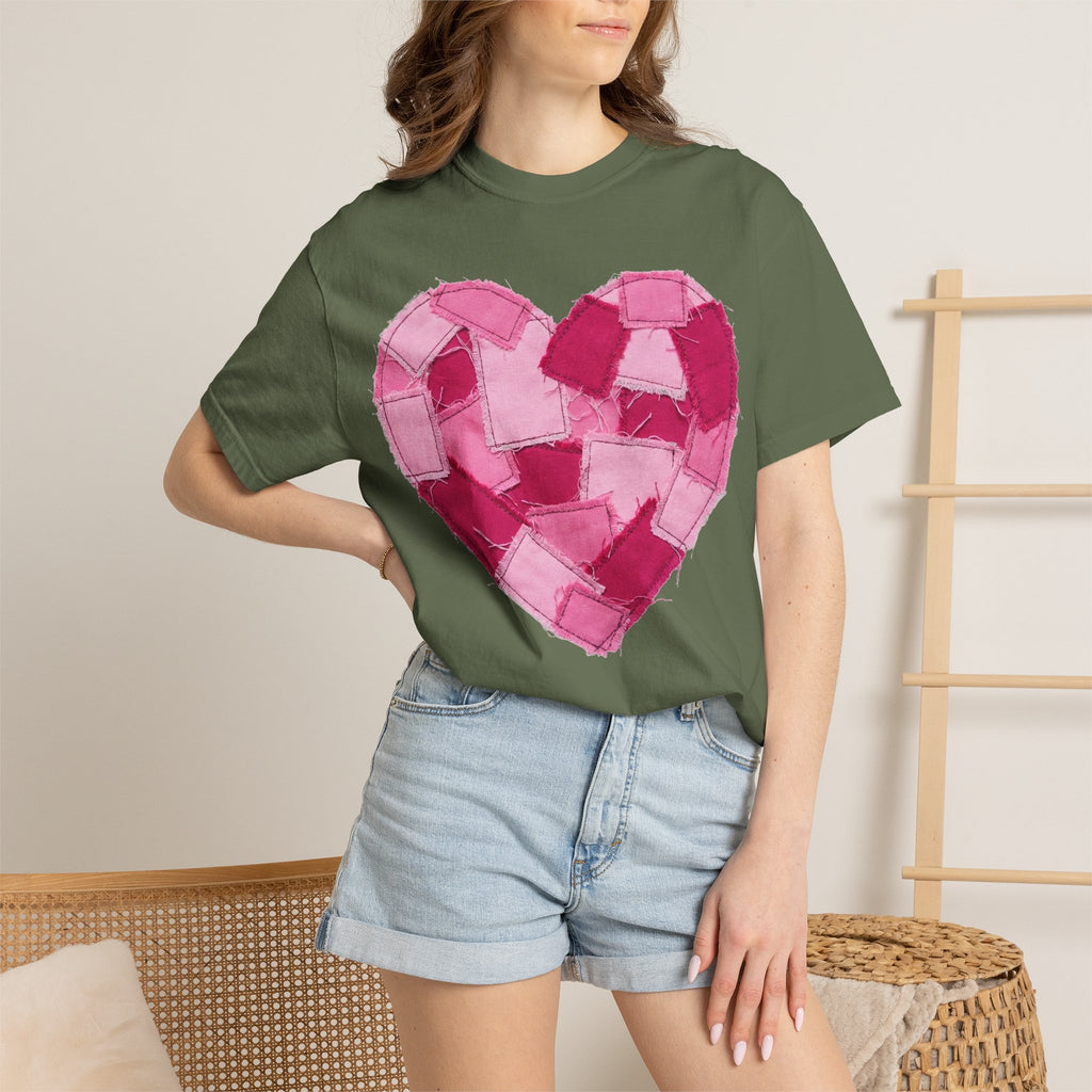 Patchwork Heart Shirt, Frayed Pink Quilt Heart Tee, Shabby Chic Valentine Shirt, Cozy Gift