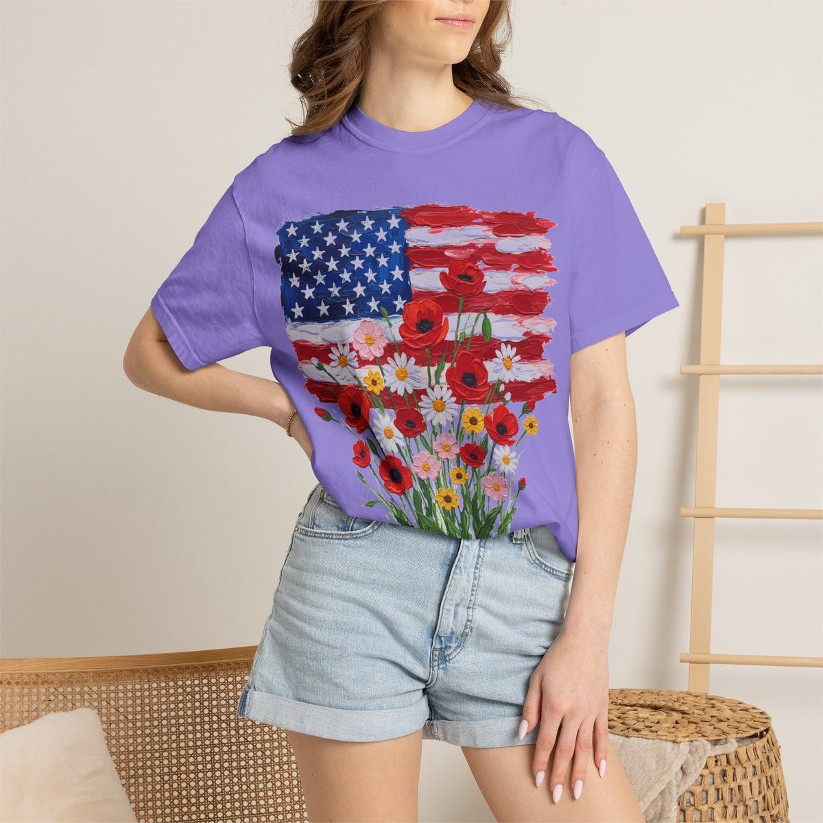 American Flag Poppy Bouquet Shirt, Impasto Patriotic Floral Tee, Memorial Day Shirt, Veterans Gift