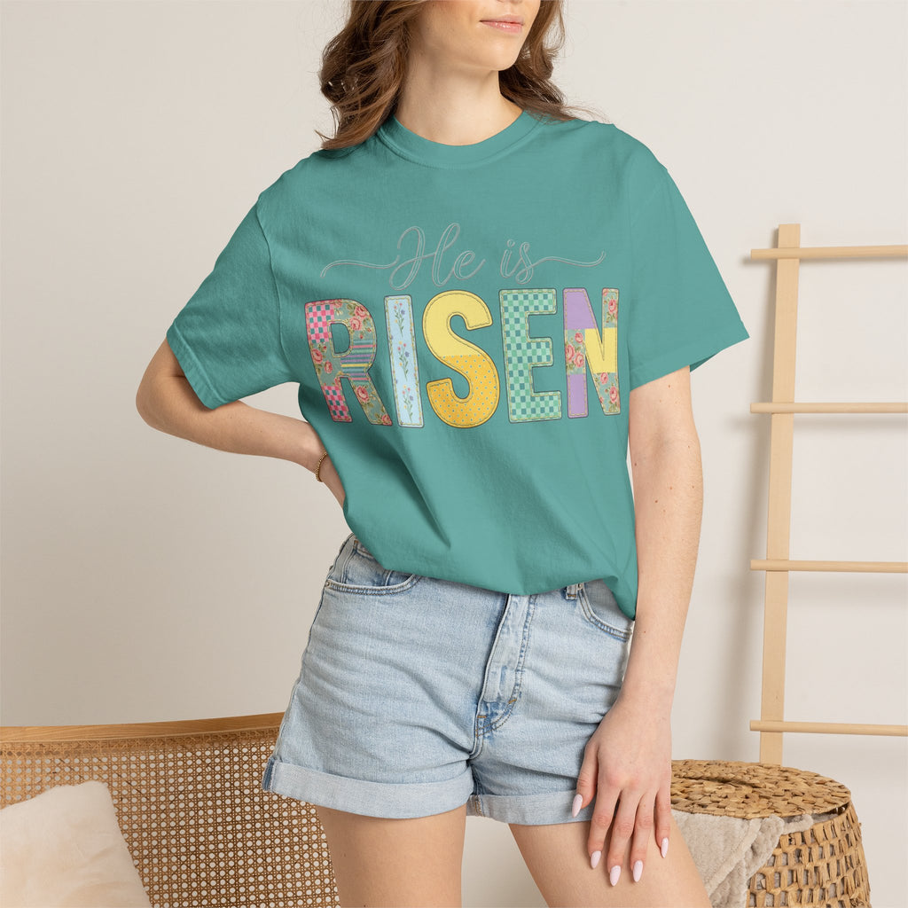 He Is Risen Floral Applique Shirt, Rose Gingham Easter Tee, Christian Patchwork Shirt, Easter Gift