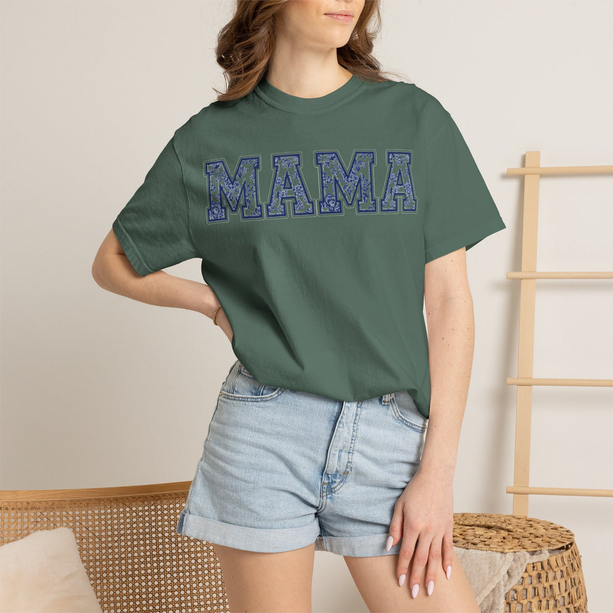 Mama Delft Blue Floral Shirt, Toile Varsity Applique Tee, Grandmillennial Mom Shirt, Mothers Day Gift