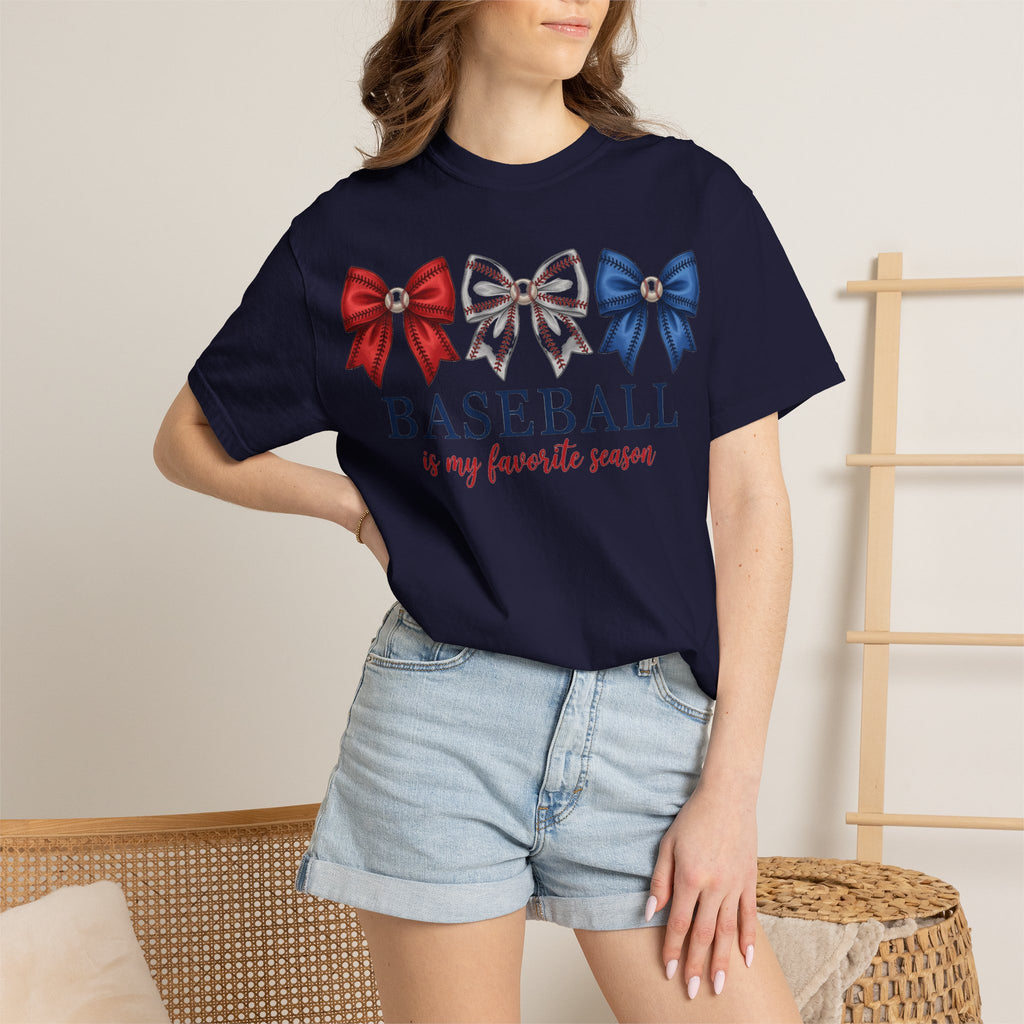 Baseball Is My Favorite Season Tee, Small Bow Trio Baseball Shirt, Coquette Sports Mom Shirt, Game Day Gift
