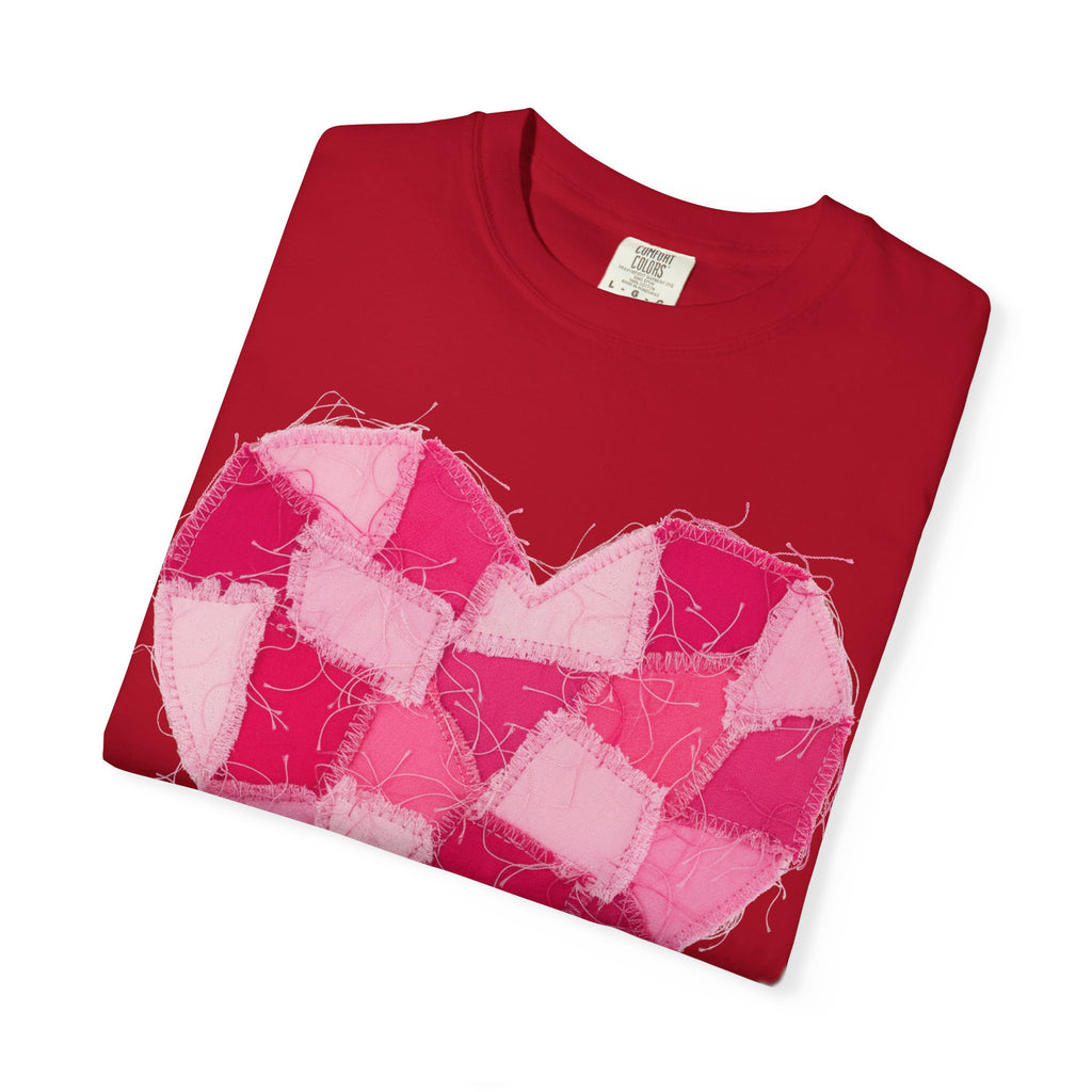 Hot Pink Patchwork Heart Shirt, Checkered Quilt Heart Tee, Frayed Applique Valentine Shirt, Gift For Her
