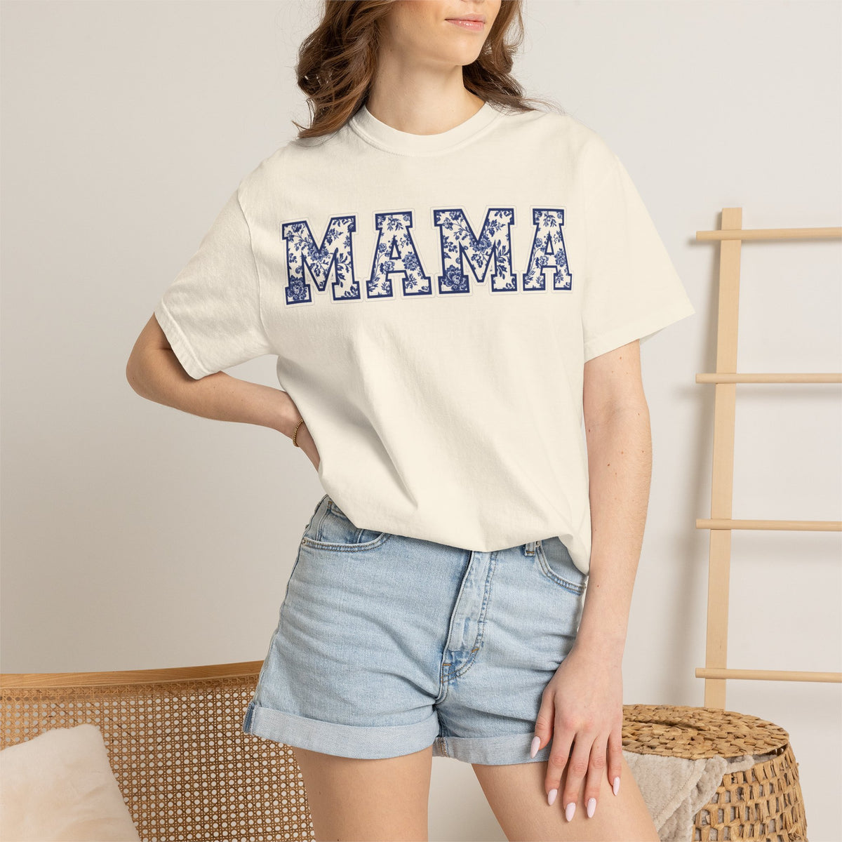 Mama Delft Blue Floral Shirt, Toile Varsity Applique Tee, Grandmillennial Mom Shirt, Mothers Day Gift