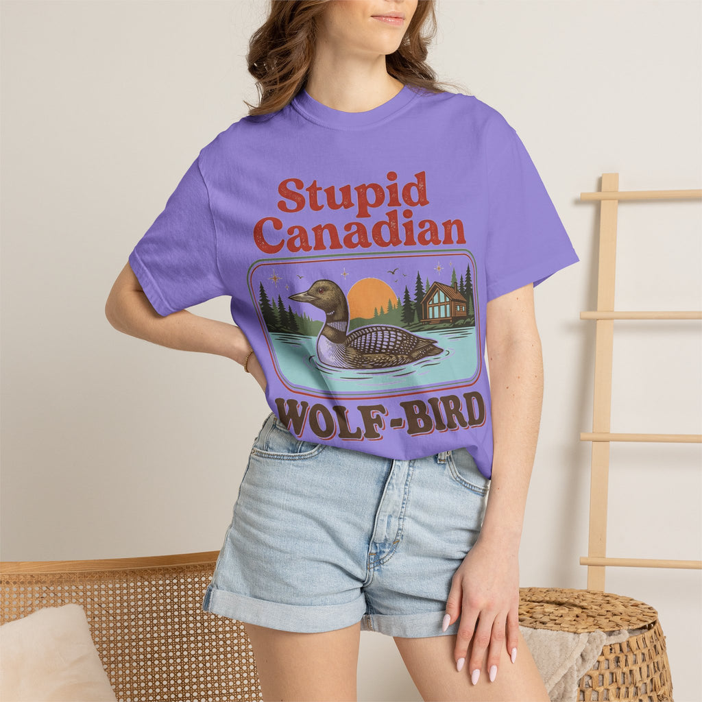 Stupid Canadian Wolf-Bird Classic Shirt, Loon Lake Scene Badge Tee, Funny Cabin Shirt, Lake Life Gift