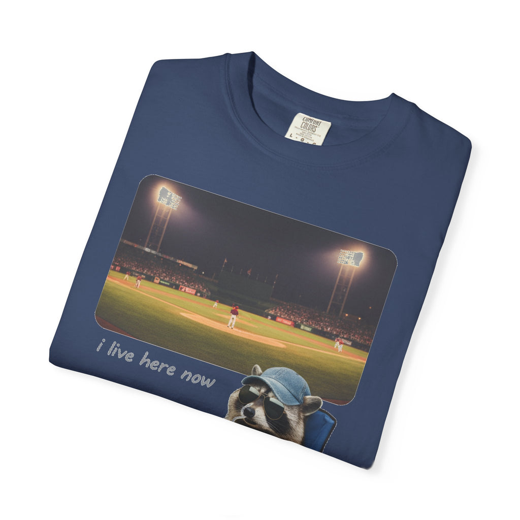 I Live Here Now Ballpark Raccoon Shirt, Funny Baseball Parent Tee, Camp Chair Raccoon Shirt, Sports Mom Gift