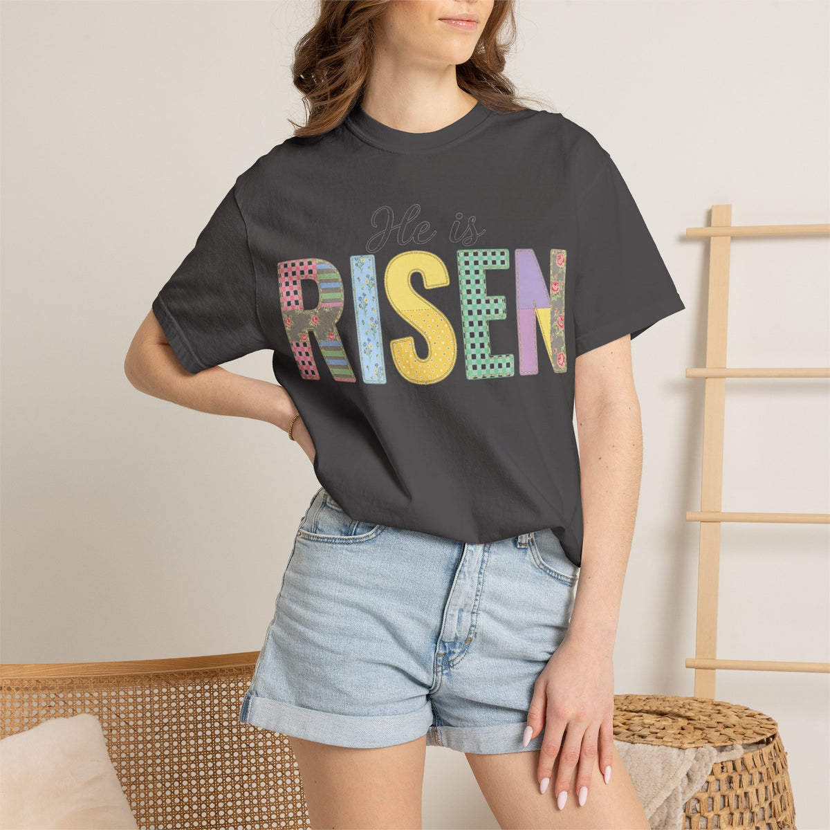 He Is Risen Patchwork Shirt, Faux Applique Easter Tee, Gingham Floral Christian Shirt, Easter Gift