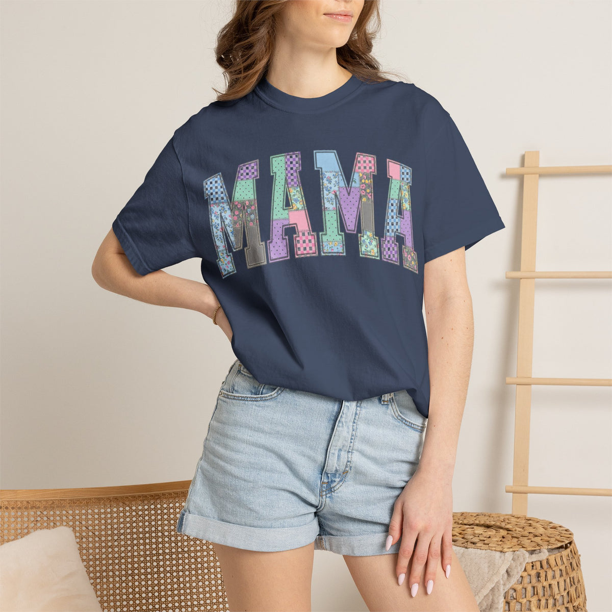 Mama Arched Patchwork Shirt, Pastel Quilt Letter Tee, Cottagecore Mom Shirt, Mothers Day Gift