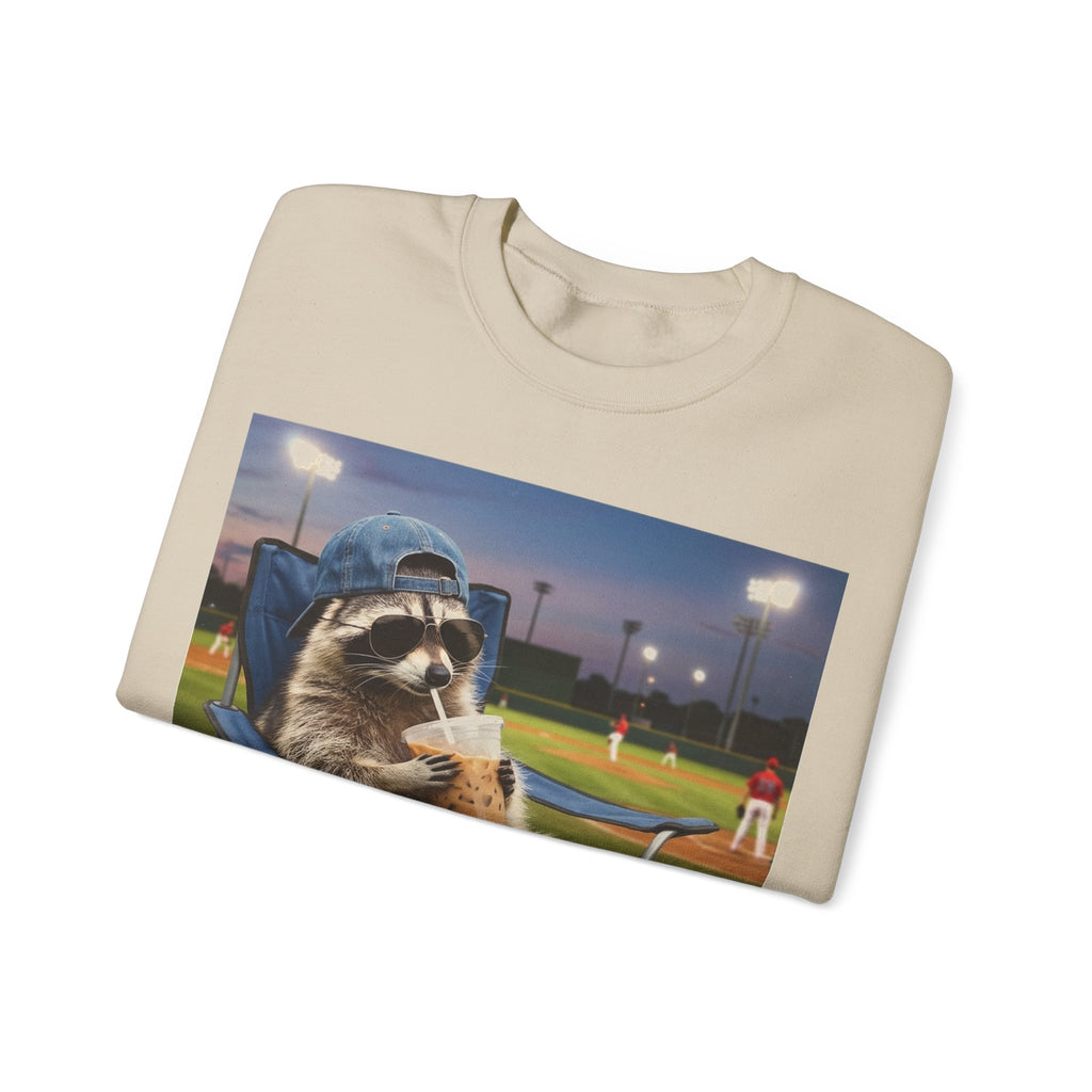 I Live Here Now Raccoon Baseball Sweatshirt, Funny Baseball Mom Sweatshirt, Raccoon Camp Chair Stadium Sweatshirt, Travel Ball Parent Gift,