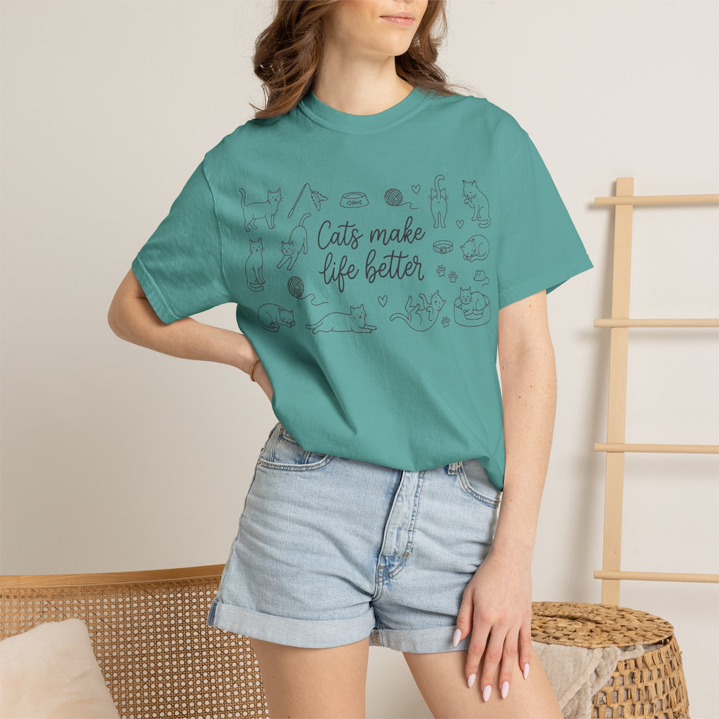 Cats Make Life Better Wide Shirt, Scattered Cat Doodle Tee, Minimal Cat Lover Shirt, Cat Owner Gift