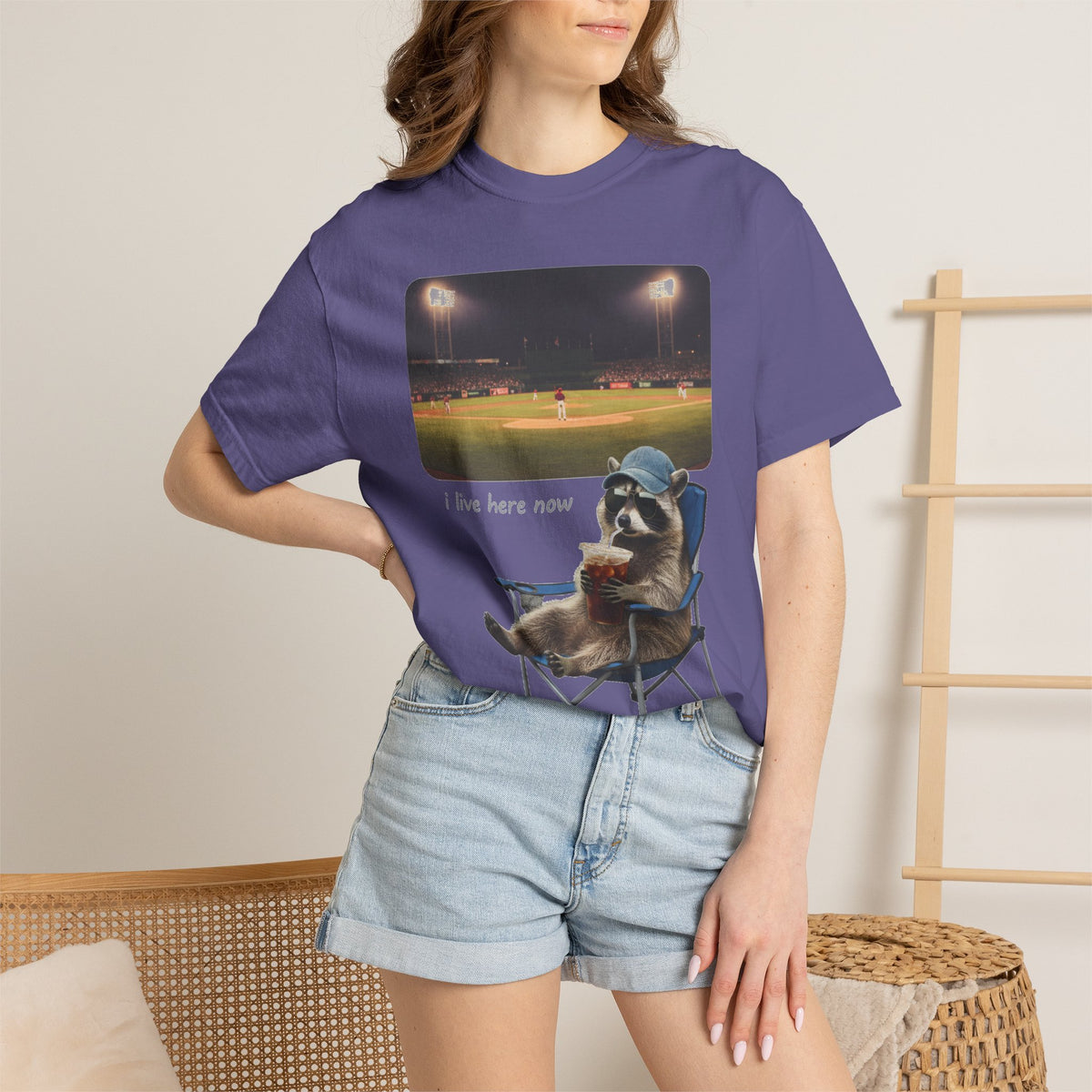 I Live Here Now Ballpark Raccoon Shirt, Funny Baseball Parent Tee, Camp Chair Raccoon Shirt, Sports Mom Gift