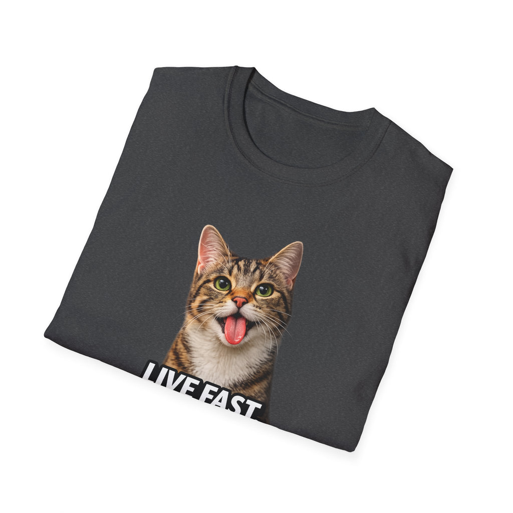 Cat T-Shirt — "Live Fast. Purr Loud." Funny Tabby Graphic Tee for Cat Lovers