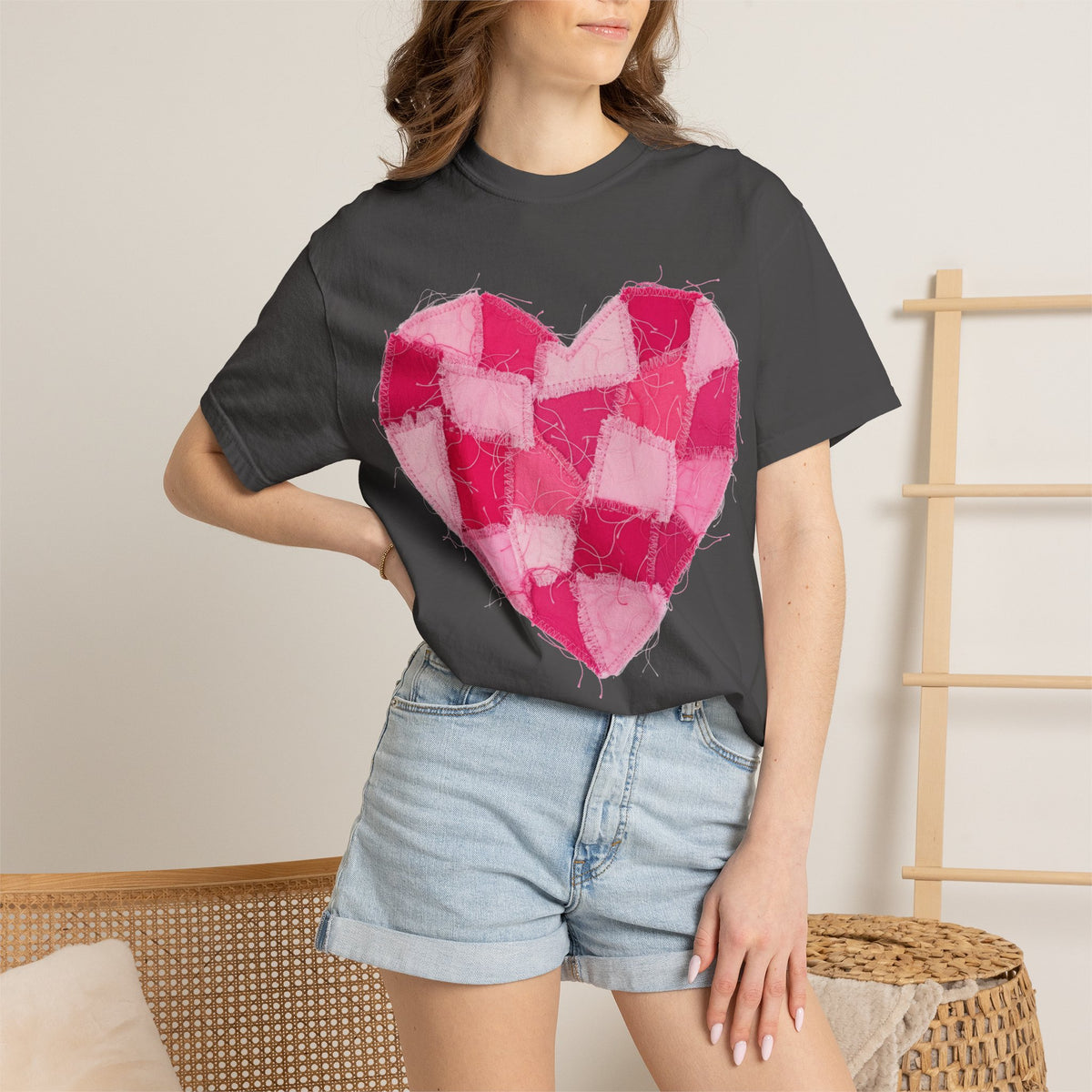 Hot Pink Patchwork Heart Shirt, Checkered Quilt Heart Tee, Frayed Applique Valentine Shirt, Gift For Her