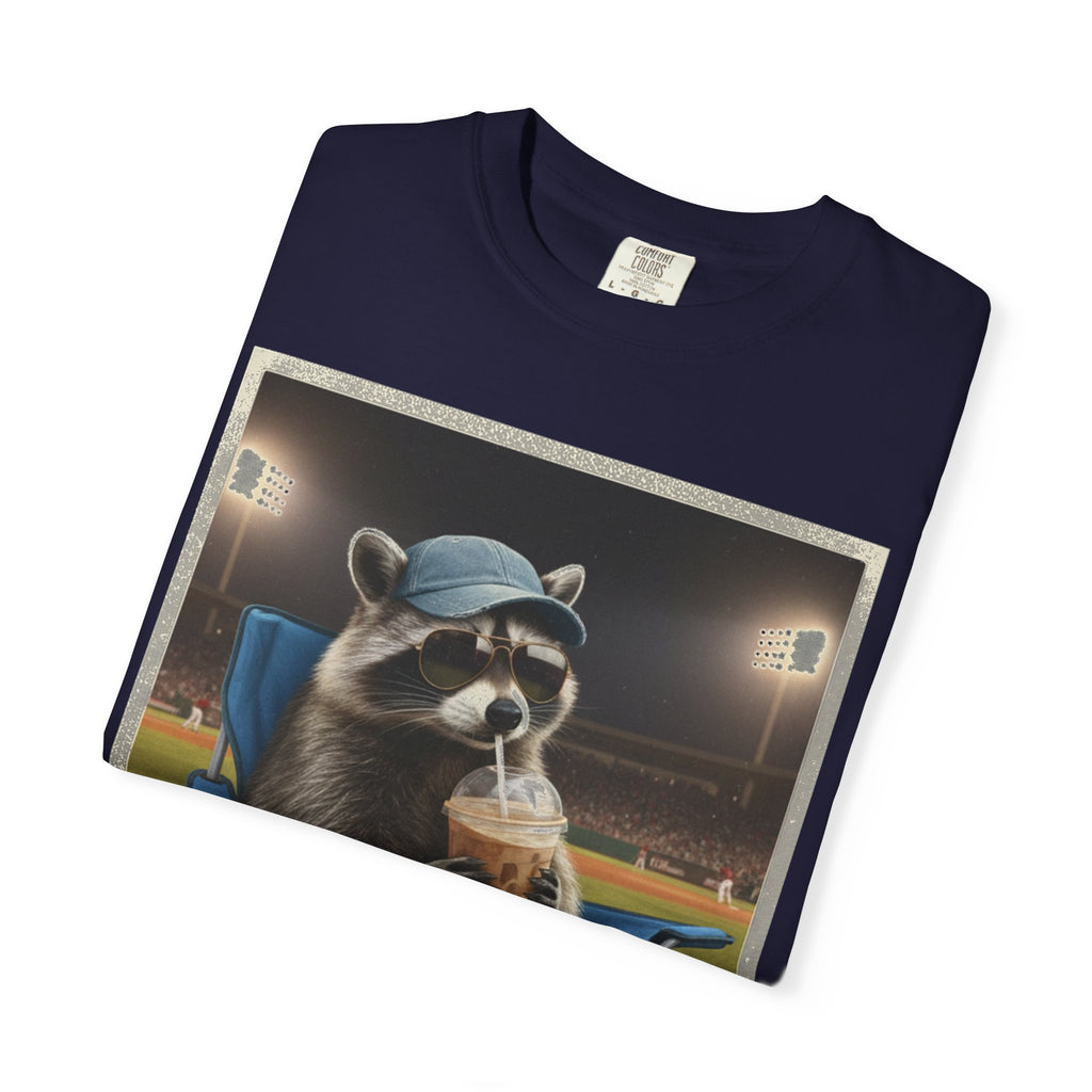 Baseball Raccoon Shirt, I Live Here Now Tee, Funny Ballpark Iced Coffee Shirt, Baseball Mom Gift