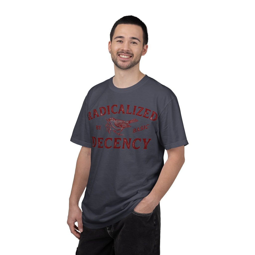Radicalized By Basic Decency Bold Shirt, Engraved Bird Typography Tee, Kindness Statement Shirt, Protest Gift